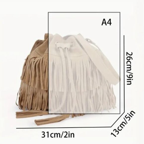 NEW Tan Fringe Bag Bucket Purse Drawstring Pockets Apricot - Picture 2 of 4